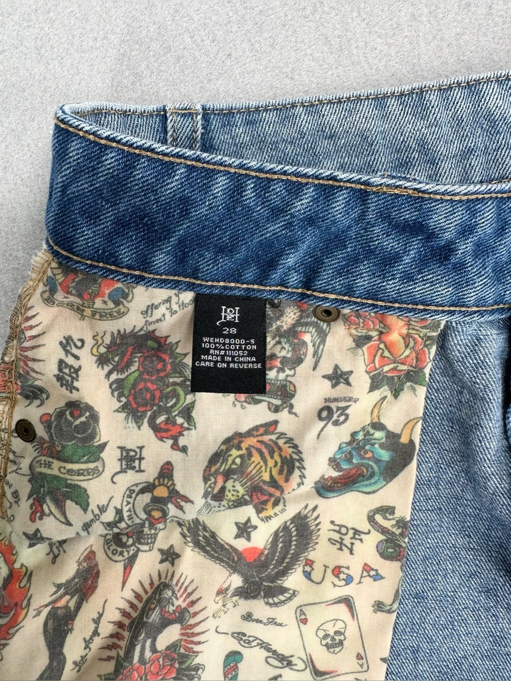 Ed Hardy. "Born Free" swallow graphic denim cut-off shorts - Picture 7 of 8